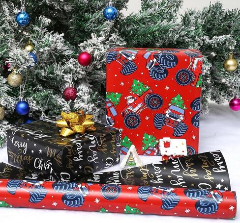 AUCLAY Dinosaur Christmas Wrapping Paper Roll for Kids Baby - Cute Dinosaurs with Xmas Decoration and Stars Design - Reversible Holiday Gift Wrap Paper, 17.7 Inch in Saudi Arabia