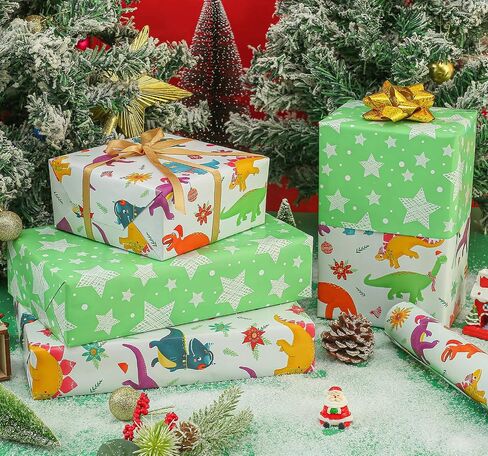 AUCLAY Dinosaur Christmas Wrapping Paper Roll for Kids Baby - Cute Dinosaurs with Xmas Decoration and Stars Design - Reversible Holiday Gift Wrap Paper, 17.7 Inch in Saudi Arabia