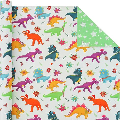 AUCLAY Dinosaur Christmas Wrapping Paper Roll for Kids Baby - Cute Dinosaurs with Xmas Decoration and Stars Design - Reversible Holiday Gift Wrap Paper, 17.7 Inch in Saudi Arabia