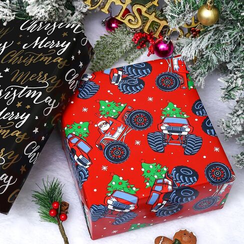 AUCLAY Dinosaur Christmas Wrapping Paper Roll for Kids Baby - Cute Dinosaurs with Xmas Decoration and Stars Design - Reversible Holiday Gift Wrap Paper, 17.7 Inch in Saudi Arabia