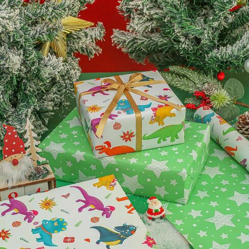 AUCLAY Dinosaur Christmas Wrapping Paper Roll for Kids Baby - Cute Dinosaurs with Xmas Decoration and Stars Design - Reversible Holiday Gift Wrap Paper, 17.7 Inch in Saudi Arabia
