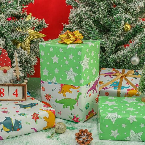 AUCLAY Dinosaur Christmas Wrapping Paper Roll for Kids Baby - Cute Dinosaurs with Xmas Decoration and Stars Design - Reversible Holiday Gift Wrap Paper, 17.7 Inch in Saudi Arabia