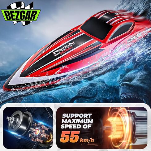 BEZGAR RC Boat, 16 inch Big Brushless Remote Control Boat for Adults and Kids and, 55 KPH Large Fast RC Speed Boat with 2000mAh Battery, Ideal Waterproof Toy Boats for Lakes - HJ818PRO Red in Kuwait