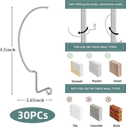 AccEncyc 30Pcs Picture Hanger Hooks Super Hooks for Hanging Drywall Picture Hanging Hooks Heavy Duty Wall Hooks for Hanging Pictures, Photos, Frames, Planters, Art, Clock in Saudi Arabia