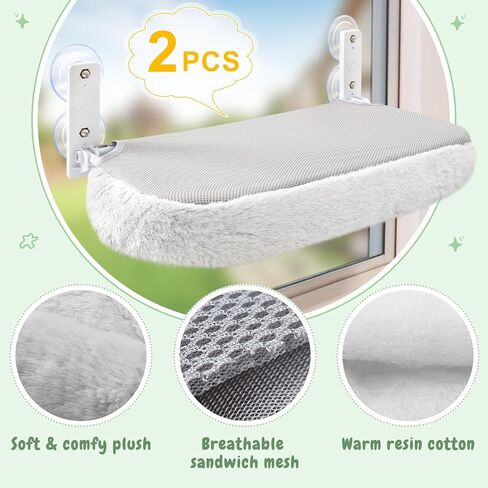 Sunhoo 2PCS Cat Window Perch Hammock Cordless Kitty Sunny Bed Seat Window Sill Shelf for Inside Cats Foldable Lounger with 4 Strong Suction Cups Soft Plush Cover 21 * 11.8 in Holds up to 40lbs (Grey) in Kuwait
