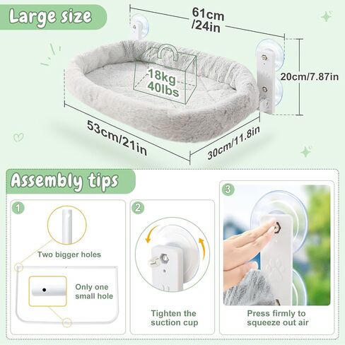 Sunhoo 2PCS Cat Window Perch Hammock Cordless Kitty Sunny Bed Seat Window Sill Shelf for Inside Cats Foldable Lounger with 4 Strong Suction Cups Soft Plush Cover 21 * 11.8 in Holds up to 40lbs (Grey) in Kuwait