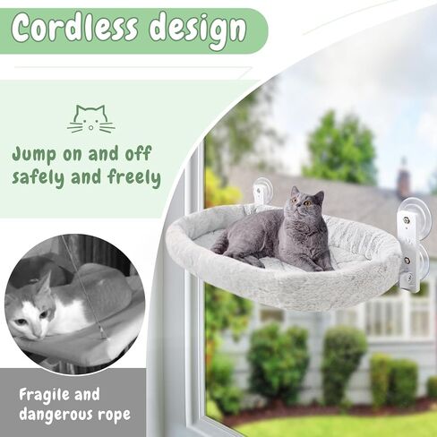 Sunhoo 2PCS Cat Window Perch Hammock Cordless Kitty Sunny Bed Seat Window Sill Shelf for Inside Cats Foldable Lounger with 4 Strong Suction Cups Soft Plush Cover 21 * 11.8 in Holds up to 40lbs (Grey) in Kuwait