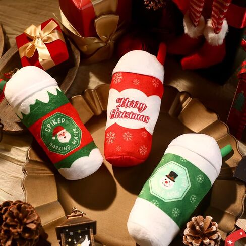 Poen 3 Pcs Christmas Dog Toys Plush Squeaky Toys Plush Dog Toy Christmas Coffee Dog Toy Stuffed Puppy Toys for Large Small Dog Interactive PET Birthday Gifts in Saudi Arabia