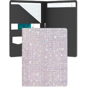 Bling Padfolio Rhinestone Leather Portfolio for Women Diamond Organizer Binder Interview Resume Folder Legal Document with Business Card Holder Letter-sized Notepad Leather for Women