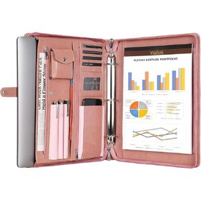 Black Leather Padfolio for Women/Men, Business Leather Binder 3 Ring Portfolio, Personalized Leather Portfolio Binder, Zippered Portfolio Organizer for A4 Notepad & 13-inch Laptop/Tablet