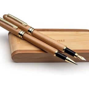 ZenZoi Wood Pen Set - Bamboo Fountain Pen w/Fine Nib & Rollerball Pen. Smooth Writing, Refillable, Vintage, Crafted, Journaling Pen. Luxury Pen Gift Set for Men, Women, Ink Converter.
