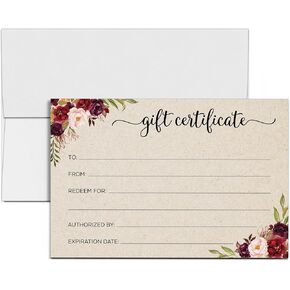 321Done Blank Floral Gift Certificates with Envelopes, 4x6 Tan - Made in USA, Generic Fill-in Vouchers for Small Business, Spa, Salon, Birthday Coupon, Work Gift Cards - Set of 24