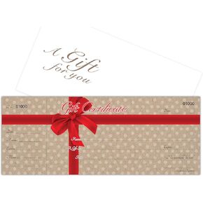 Blank Gift Certificates Cards with Free Envelopes 25 set with Stub - Red Ribbon Dots on Kraft Image - Gift Certificates for Small Business
