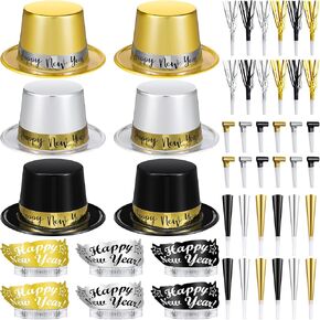 Shappy 48 Pcs New Year's Eve Party Supplies 2025 Party Favors for 12 Guest, Include Happy New Year Top Hats, New Year Headband Tiara, Fringed Noise Makers, Blowing Horns, Blowouts Noisemakers