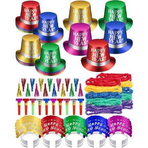 75 Pcs New Year Eve Party Supplies 2025 Midnight Party Decorations Includes Top Hats, Headband Tiara, Colorful Leis, Squawkers, Blowouts for Eve Party Supplies