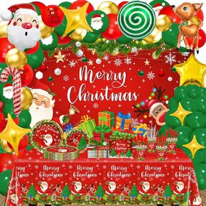 Christmas Party Decorations 345 PCS Merry Christmas Decorations Santa Tableware Paper Plates Napkins Serve 24 Christmas Backdrop Tablecloth Christmas Balloons Christmas Party Supplies