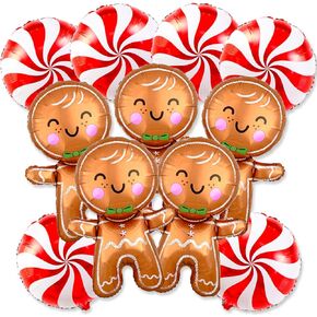 11PCS Large Gingerbread Balloons Red Candy Balloons Set, Gingerbread Foil Balloons for Gingerbread Party Decorations, Candy Foil Balloons for Candy Christmas Decorations