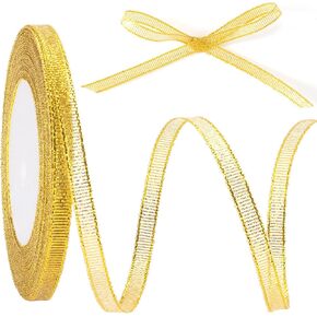 1/4in 50 Yard Gold Ribbon for Gift Wrapping, Glossy Satin Ribbon Roll, Glitter Thin Fabric Ribbon for Christmas Wedding Birthday Party Bouquet Decoration