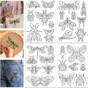 GLOBLELAND 4 Sheets 11.7x8.3inch Bees and Butterflies Stick and Stitch Water Soluble Stabilizer Dragonflies and Beetles Hand Embroidery for DIY Sewing Embroidery Adhesive Hand Sewing Stabilizers