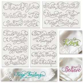BENECREAT 4 Sheets Alphabet Sewing Embroidery Stabilizers, Inspiring Words Embroidery Paper with Pre-Printed Water Soluble Stabilizer for Embroidery Hand Sewing Lover Beginners