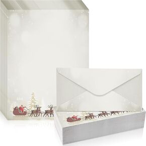 160 Pcs Christmas Stationery Paper Santa and Reindeer Letterhead and Envelopes 80 Santa's Sleigh Letterhead 80 Santa Holiday Envelopes for Note Greeting Cards Invitation Office School Writing