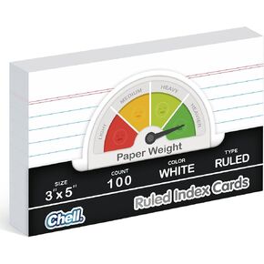 Chell Thick Ruled Index Cards 3x5 Inch Extra Heavyweight, 100 Count, Ruled Front and Blank Back, 74 lb. Cover Weight, White