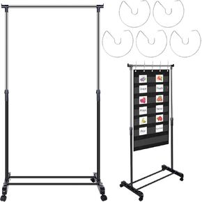 Adjustable Pocket Chart Stand Stainless Steel Expandable Chart Stand with Casters Rolling Anchor Holder with 5 Rings for Classroom Home Educational Tools, Adjustable to 63 Inch(Black)
