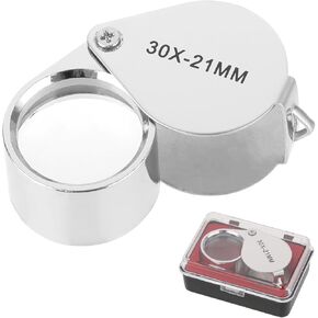 TIESOME Pocket Foldable Jewelers Loupe Magnifier, Close Work Stainless Steel Magnifier Silver Glass Jewelry Eye Magnifying for Gems Jewelry Currency Plants Coins Diamonds Stamps (1 PCS 30X-21MM)