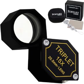 15x Magnifier Jewelry Loupe 20.5mm Triplet Lens Optical Glass Pocket Gem Magnifying Tool for Jeweler, Stamp Philatelist, Coin numismatic, Achromatic Black Hexagonal Design Kit Set