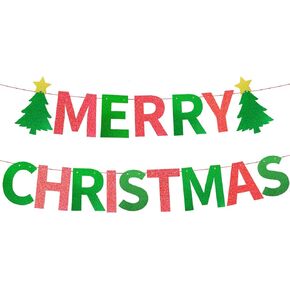 Merry Christmas Party Banner, Glitter Red and Green Letter Garland with Christmas Tree Cutouts, Fun Wall Hanging Decoration for Holiday Office Home Party Supplies, and Xmas Festival Decor
