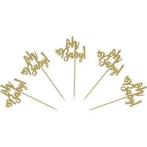 24 Gold Glitter Oh Baby Cake Cupcake Toppers Picks for Wedding Birthday Baby Shower Party Decorations