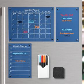 Acrylic Magnetic Calendar Set Monthly Calendar, Weekly Planner, Dry Erase Board for Notes and to Do List with 4 Color Acrylic Markers, Dry Erase Eraser, Magnetic Pen Holder (Green)