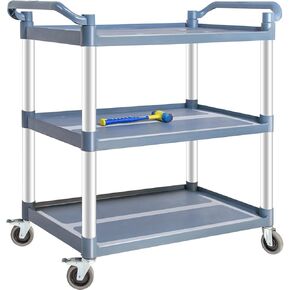 Plastic Utility Carts with Wheels, 3-Tier Medium Size Restaurant Food Cart, Heavy Duty 510lbs Capacity Rolling Service Cart w/Hammer for Commercial, Kitchen, Office (Lockable Wheels, M-Grey)