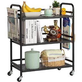 HDANI 3 Tier Rolling Cart Shelves,Heavy Duty Multifunctional Metal Frame-Supports 22 Lbs Per Tier,Rolling Cart with 2 Lockable Wheels for Home,Office,Kitchen,Bathroom,Bedroom (Black)…