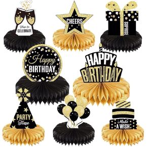 8 Pcs Happy Birthday Honeycomb Centerpieces Set, Black and Gold Table Decorations for Men Women, 3D Table Toppers for Birthday Party Baby Shower Graduation Photo Booth Proops Decor