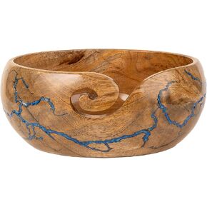 Bhartiya Handicrafts Wooden Yarn Storage Bowl, Knitting Accessories Yarn Holder for Crocheting, Crochet Bowl with Fractal Wood Burning & Blue Resin Artwork (Small 6x6x3 inch)