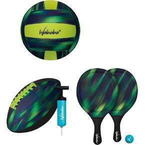 Waboba Sport Beach Pack – Includes 9 Inch Water Football, Beach Volleyball & Paddle Set – Perfect Summer Essential Bundle for Beach Games – Vacation Toys for Kids & Adults Ages 8 & Up – Green