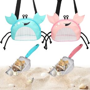 4PCS Beach Toy Mesh Shovel and Mesh Beach Bag Seashell Bag,for Sand Filter & Collect Shells,Sand Sifter Shell Collecting Tools(Blue-Pink Crab)