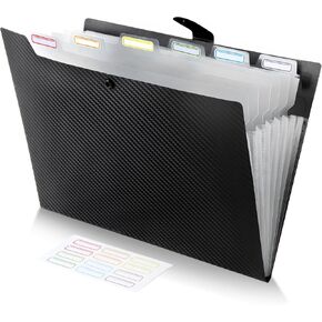 Expanding File Folder with 7 Pockets, A4 Letter Size Accordion File Folders for Documents, Plastic Expandable File Organizer with Labels, Portable Folder for School, Office, Home (Black)