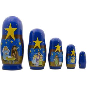 BestPysanky Set of 5 Nativity Scene Set Wooden Nesting Dolls 5.75 Inches