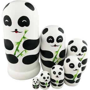 Winterworm® Adorable Lovely Panda Holding Bamboo Handmade Wooden Russian Nesting Dolls Matryoshka Dolls Set 7 Pieces for Kids Toy Birthday Home Decoration