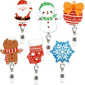 Christmas Acrylic Badge Reel Holder 6PCS Retractable Glitter Holiday Nurse Badge Reels Teacher Doctor School Office