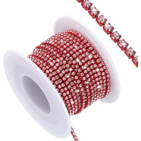 uxcell 10 Yard Crystal Rhinestone Close Chain Trim, Crystal Rhinestone Diamond Strips for Jewelry Making, Rhinestone Bling Sewing Embellishments, Silver Rhinestone with Red Base