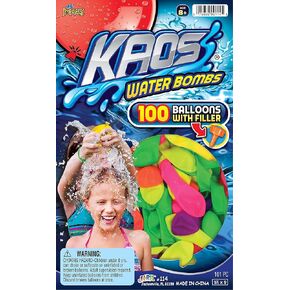 KAOS Water Balloon 100 pcs per Pack w/Hose Nozzle (1 Pack) Assorted Colored Balloons for Kids & Adult. Quick & Easy Fill Latex Water Bomb. Fun Outdoor Splash Summer Games. Bulk Party Favors. 114-1