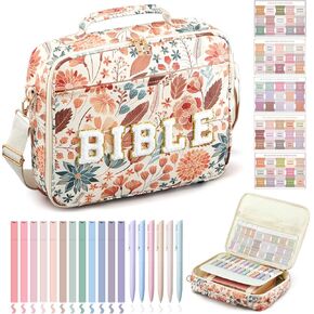 Extra Large Bible Cover Case Christian Bible Gift for Women 12.8 x 10.5" Chenille Letter PU Leather Bible Bag with Shoulder 5 Bible Tabs 6 Gel Pen 12 Highlighters Xmas Bible Study Supplies