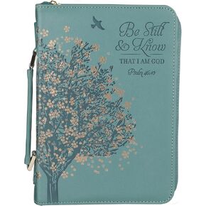 Christian Art Gifts Fashion Vegan Leather Bible Cover for Women: Be Still & Know Inspirational Bible Verse, Teal Floral, Large