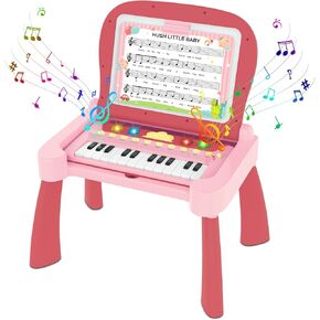 Toddler Activity Table, Kids Activity Table with 4 Learning Cards, 5 Music Sheets, Writing Board, Hidden Piano, Baby Activity Table Gifts for 2 Year Old Girls(Pink)