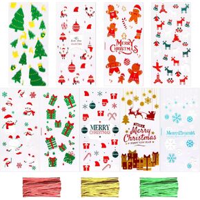 SANNIX 90Pcs Christmas Cellophane Bags, 5x10 Inch Treat Candy Bags with Twist Ties, Christmas Treat Bags for Christmas Party Favor Supplies, 9 Styles Candy Goodies Bags