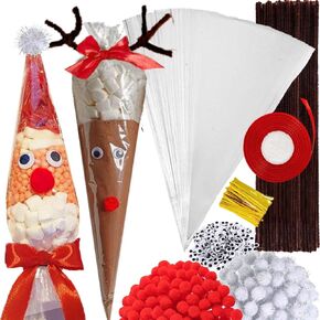 651 Pcs Christmas Cellophane Treat Bags,DIY Reindeer and Santa Claus Cone Shaped Treat Bags with Ties,Black Wiggle Googly Eyes,Brown Pipe Cleaners,Red White Pom Poms and Red Ribbon for Christmas Party Favor