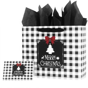 Christmas Gift Bag with Greeting Card and Tissue Papers, 12.6" Xmas Paper Plaid Bag With Handles, Reusable Holiday Bag for Present Wrap Decor
